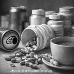 Scattered pills and coffee cup.